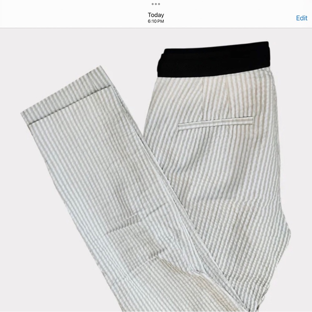 Zara Black and White Striped Trousers. Beige and white seersucker.